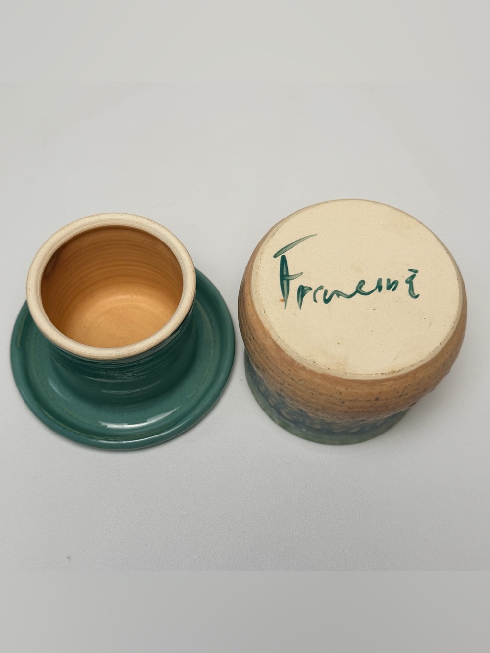 Handmade Studio Pottery French Butter Keeper Crock Drip Glaze Green Blue Tan Art - Picture 2 of 8